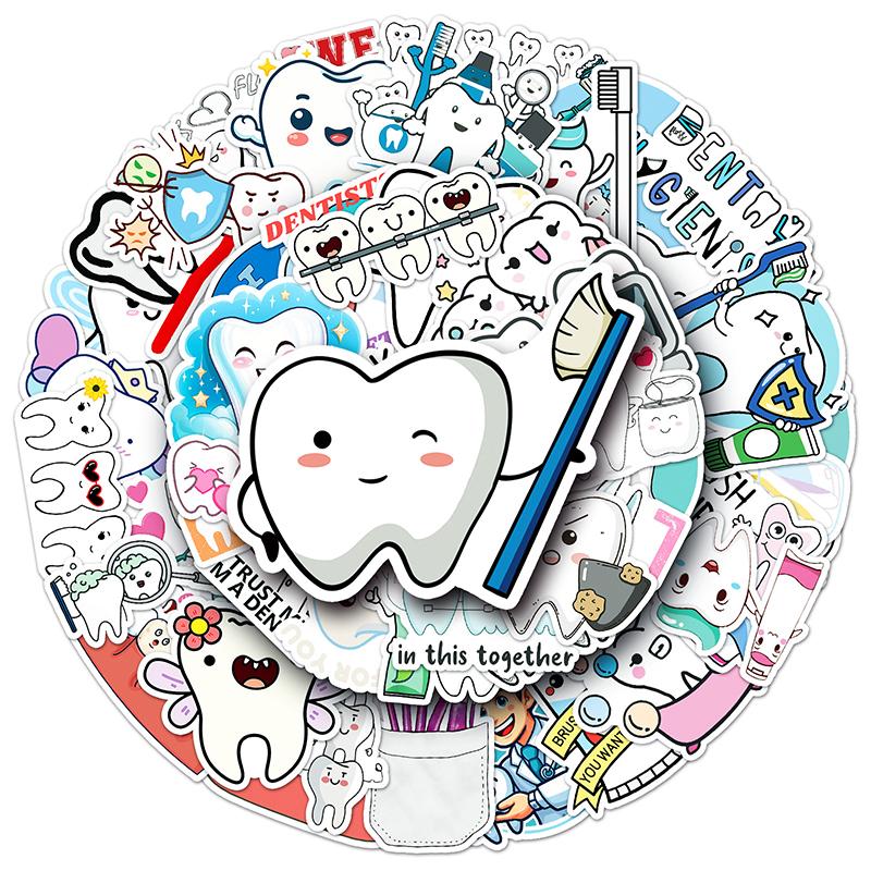 50 Sheets Protect Teeth Cartoon Stickers For Kids Students Graffiti Laptop Stationery Luggage Cute Sticker Dental Clinic Gifts