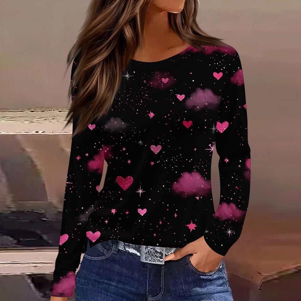 Women's Fashionable Long-Sleeved Round Neck Top with Slit Hem and Valentine's Day Heart Print
