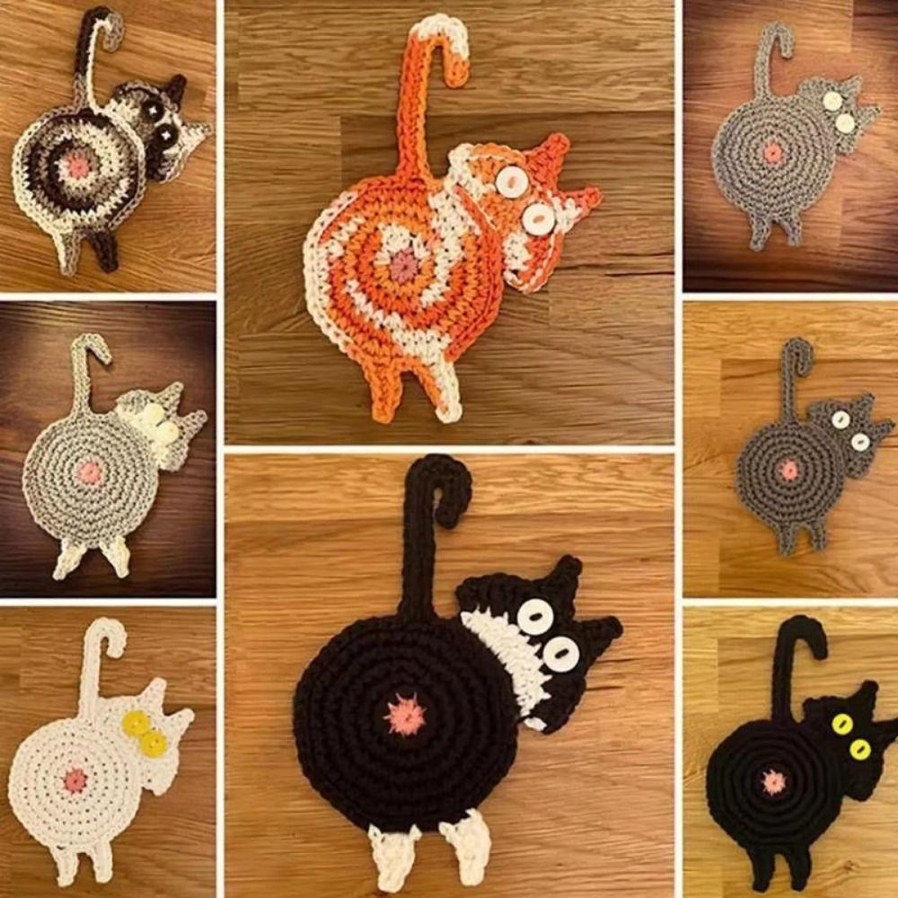Cute Cat Butt Coasters Knitted Non-Slip Crochet Drink Mat Heat-Resistant Easy To Clean Cute Cat Coasters Table Protection