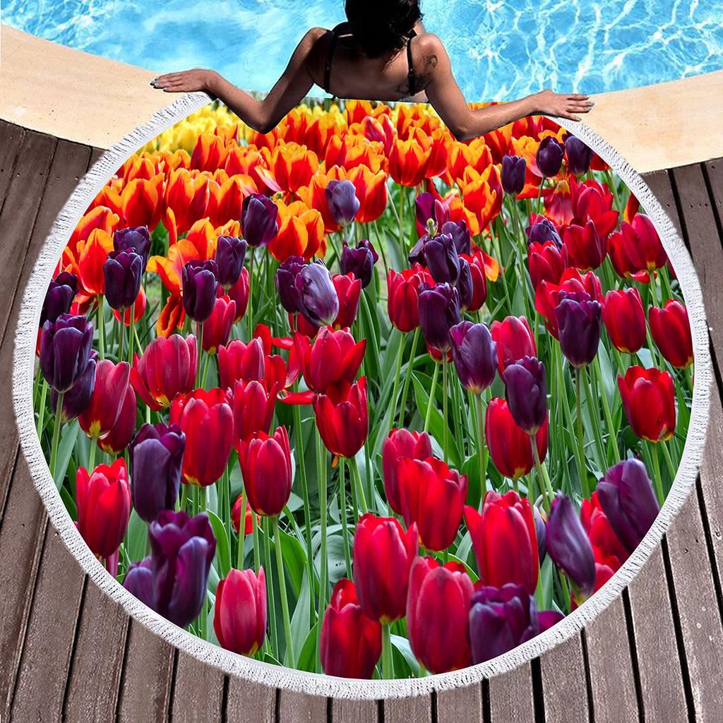 Round Beach Towel Flower Tulip Microfiber Beach Towels Quick Dry Super Absorbent Pool Towels Sand Free Beach Blanket for Pool