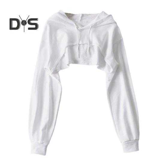 

Женская короткая толстовка с капюшоном, однотонная, с длинными рукавами, с завязками на резинке, свободная, индивидуальная, спортивная, уличная, повседневная, топ M