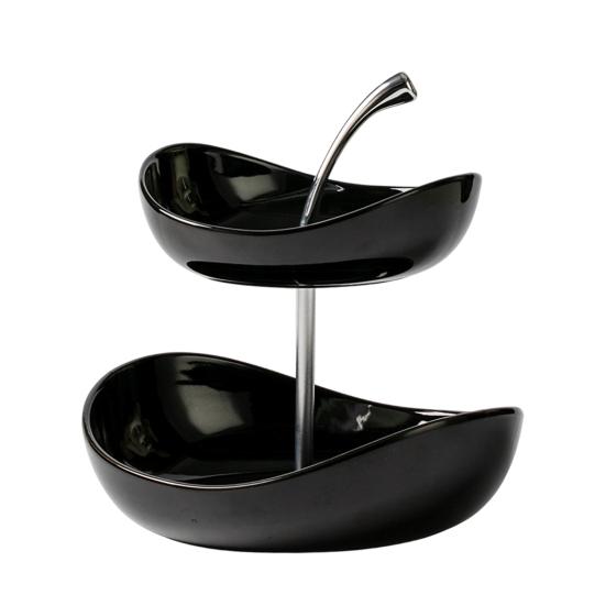 Double Layer Fruit Plate Multi-Layer Ceramic Fruit Bowl with Metal Stand Dishwasher Safe Corner Kitchen Countertop Organizer for Fruits Snacks Cakes