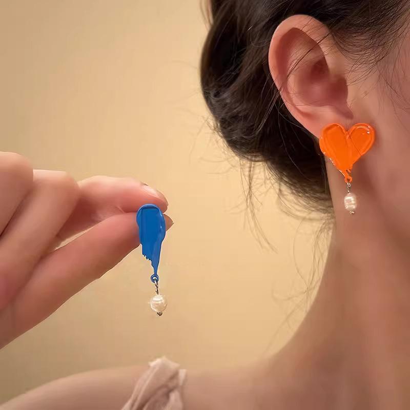 French Retro Oil Painting Colorful Asymmetrical Pearl Drop Earrings For Women Girls Unique  Romantic Jewelry Gift