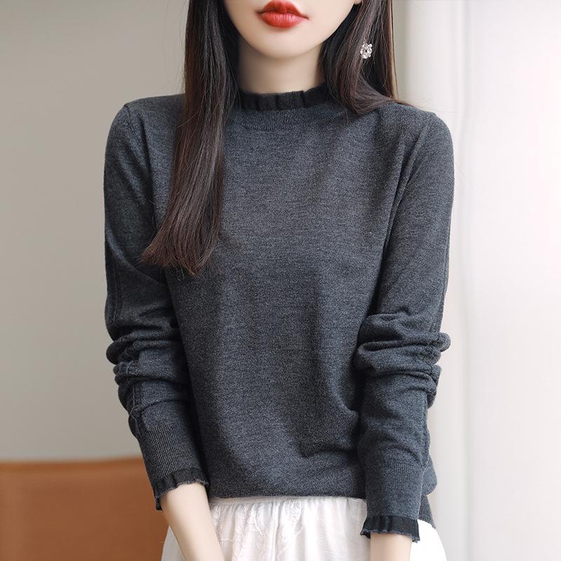 Women's 2023 Lace Collar Wool Sweater, Patchwork Knit Base Layer, Solid Color Autumn/Winter Fashion.