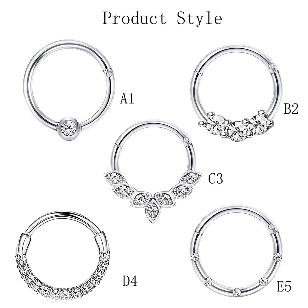 5pcs 16G Fashion 316L Stainless Steel CZ Hinged Septum Clicker Nose Hoop Rings,Daith Helix Tragus Cartilage Piercing Jewelry