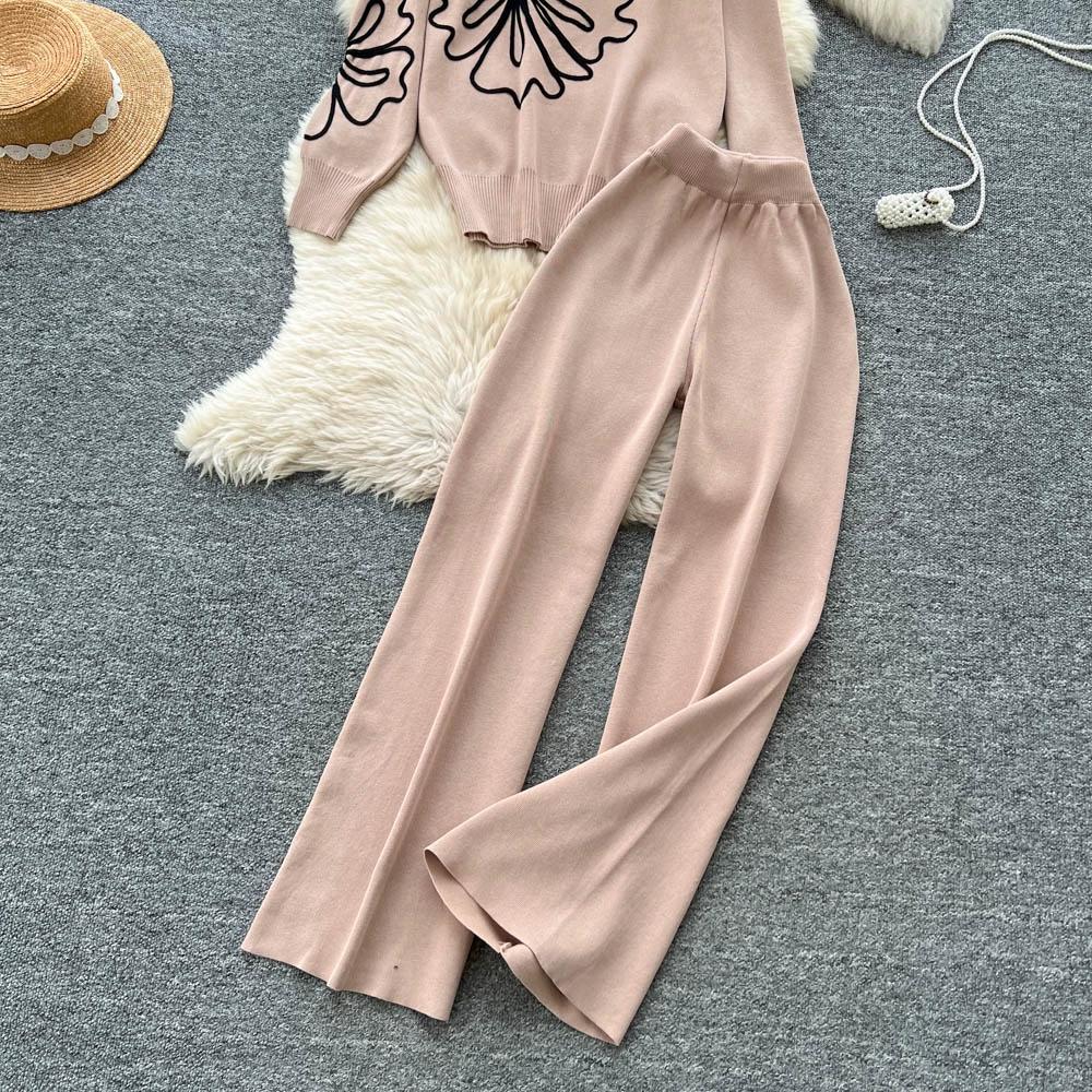 Herbst Winter Damen Blumenstickerei Strickpullover Hose Zweiteiler Langarm Pullover Oberteile und Weitbein Hose Trainingsanzug