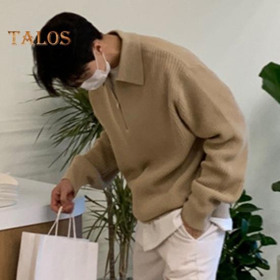 Fall Winter Men Sweater Turn-down Collar Half Zipper Long Sleeves Solid Color Loose Knitted Top Daily Wear School Work Knitwear