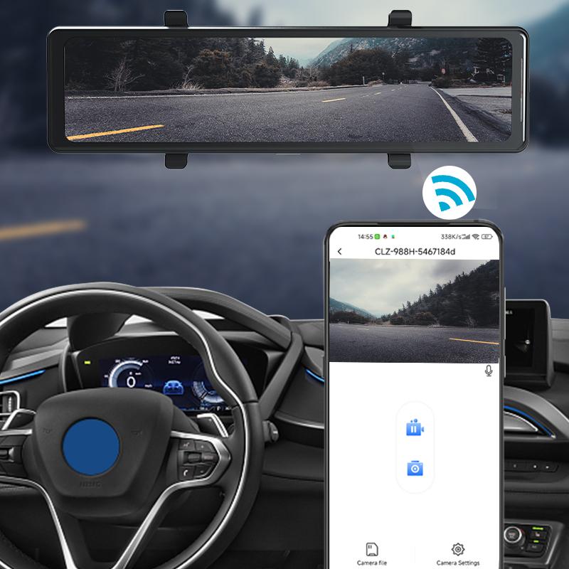 E-ACE 2.5K Car Dvr with WIFI, GPS, 3 cameras and 12 - Inch IPS Touch Screen is a Mirror Dash Cam Video Recorder with Night Vision.