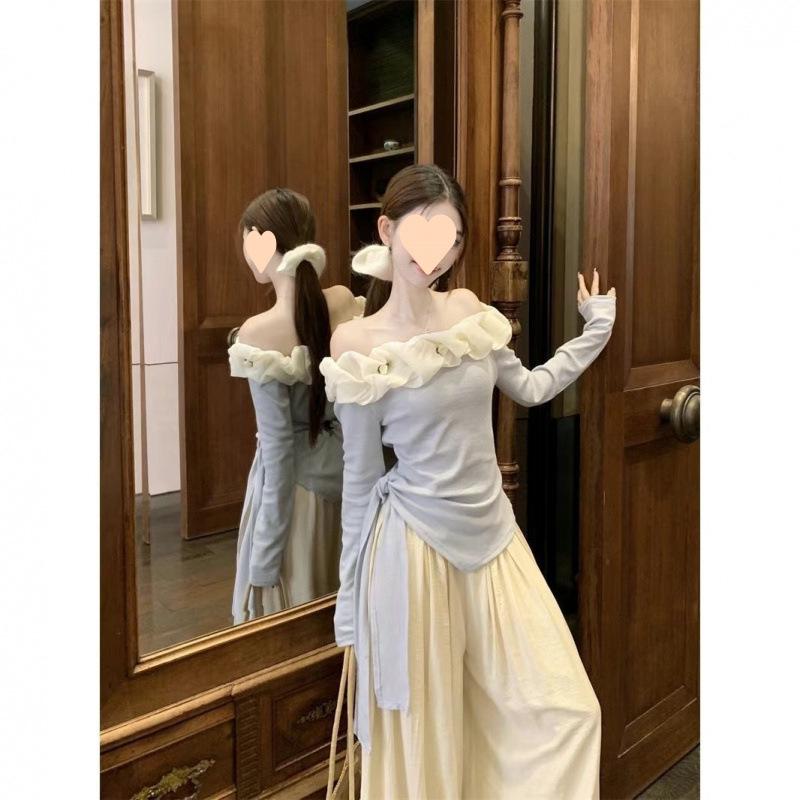 Floral One-Shoulder Tie-Up Top & Wide-Leg Pants Women s Spring 2025 Set S Up to 95 jin