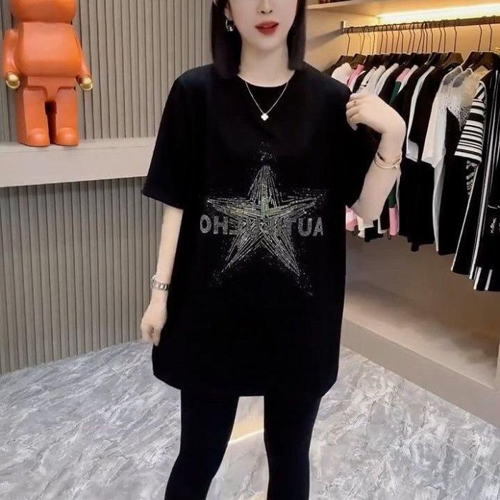 

Европейская станция Пентаграмма Горячий бриллиант Хлопковая футболка с коротким рукавом Женская лето 2025 Новая Свободная средней длины Топ S чёрный