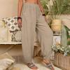 Women Pants Elastic High Waist Pure Color Long Trousers with Pockets Loose Fit Wide Leg Harem Pants Daily Wear