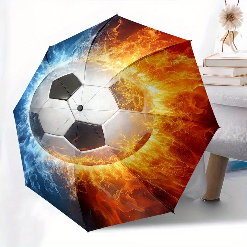Soccer Ball, Fire and Ice Automatic folding umbrella simple eight rib design, bright color pattern, durable iron frame, ideal for travel an
