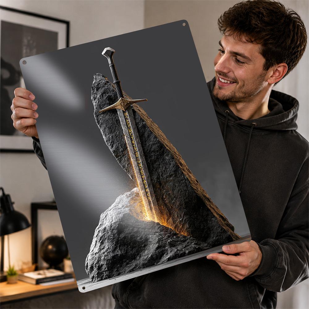 Fantasy Sword In Stone Personalized D Textured Metal Poster Wall Art Tinplate Sign for Decor Living Room Decoration Man Home