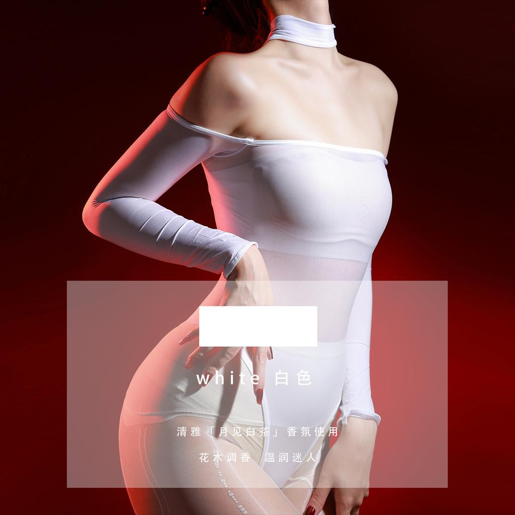Couple Lingerie Oily Glossy Off Shoulder Bodysuit See Through Long Sleeve Thong Sissy Lingerie Open Closed Penis Sheath Leotard