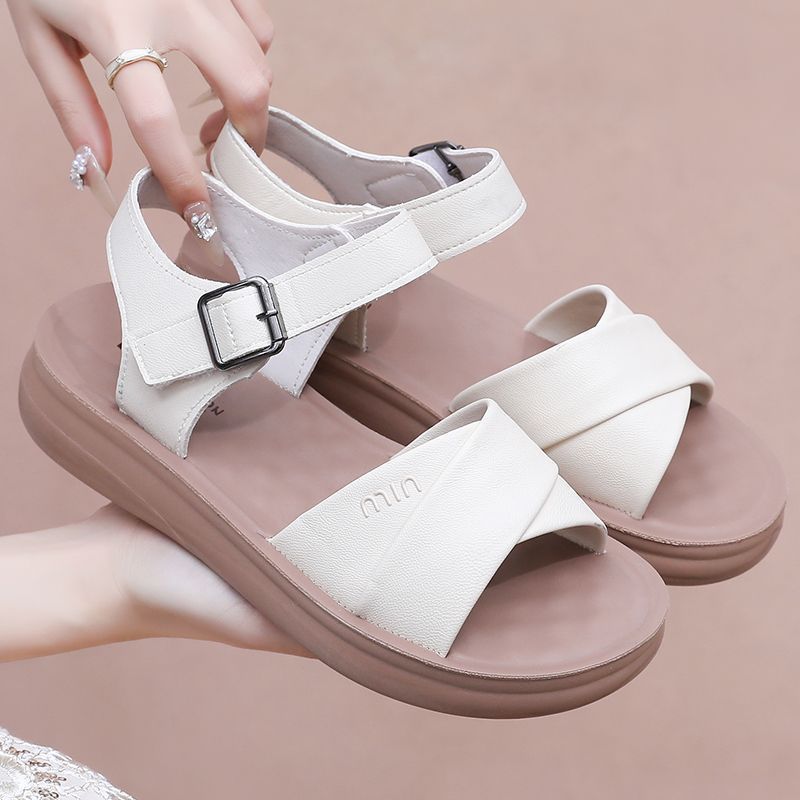 Genuine Leather 2025 New Summer Flat Bottom Women Middle-aged and Elderly Grandma Old People Non-slip Soft Sole Comfortable Women's Mother Sandals