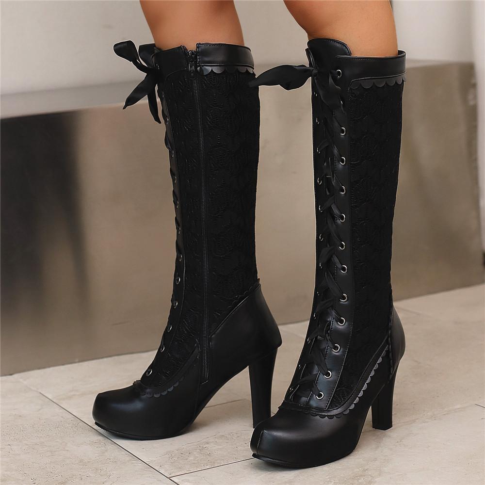 Fashion Women's Round Toe Knee High Boots Leather Lace Hollow Out Punk Lace-Up Steampunk High Heel Shoes Plus Size 34-50 White Red Black