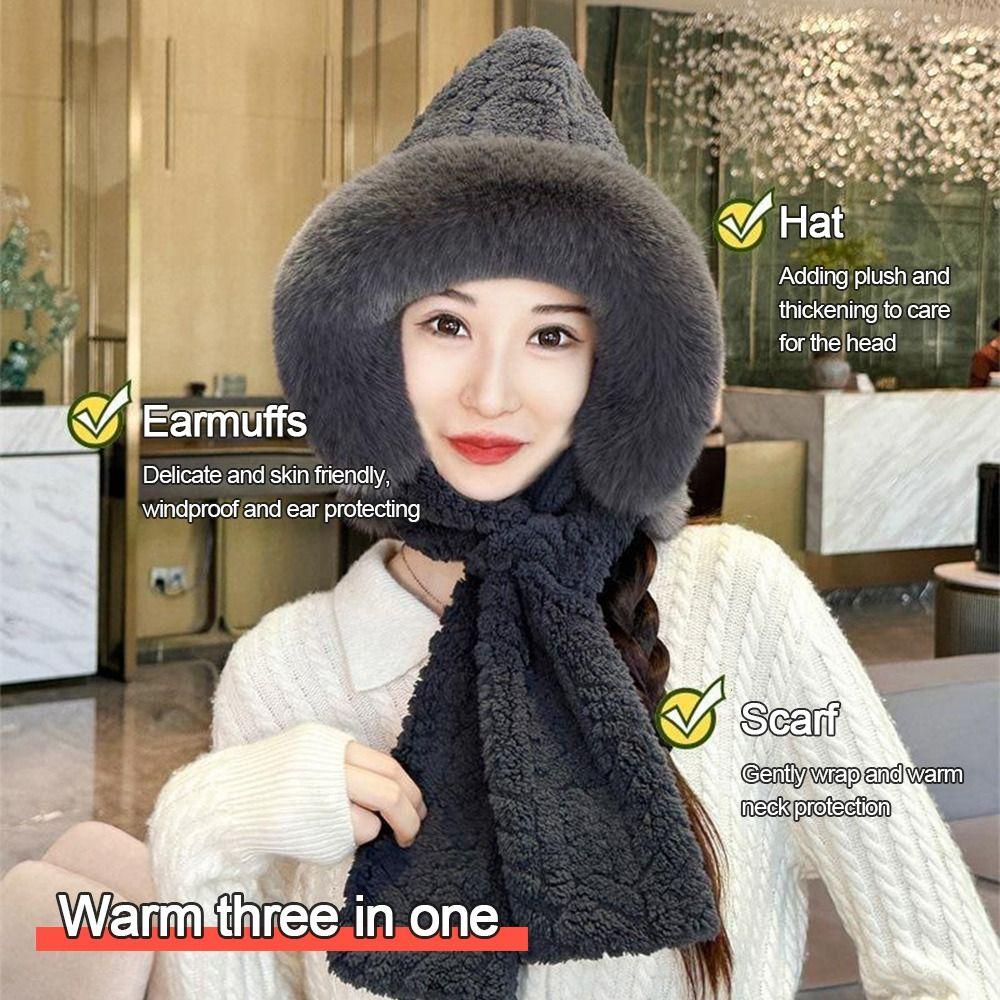 Cute Plush Winter Integrated Cap Scarf Warm Thickened Beanie Hat Scarf Casual Windproof Scarf Set Hooded Outdoor