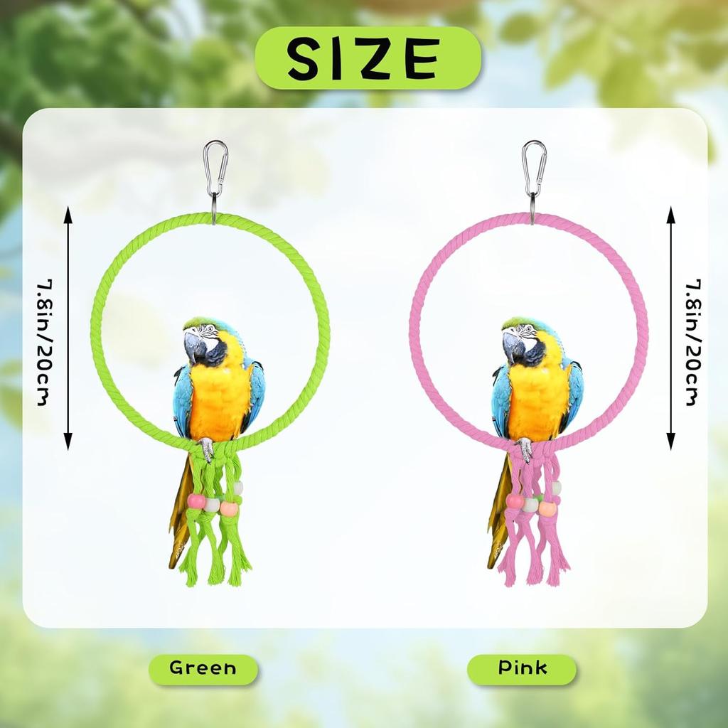 Bird Swing, 20 CM Diameter Hanging Parrot Swing with Colourful Beads, Swing Parrot Toys Cotton Rope Ring Bird Cage Toys for Budgie, Cockatiel,