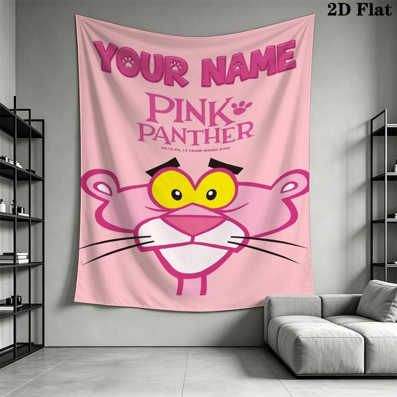 Custom Name Pink Panther Wall Tapestry Aesthetic Wall Hanging Printed Fabric Blanket Decorative Tapestries for Bedroom Living Room Home Decor