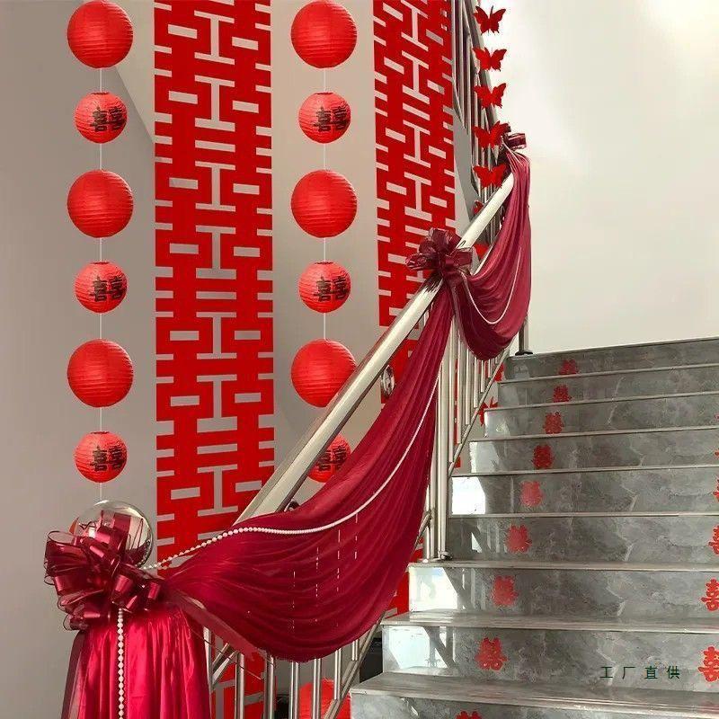 Red Elastic Milk Silk Wedding Decoration Cloth for Stair Railings, Hallway, and Indoor Ceilings