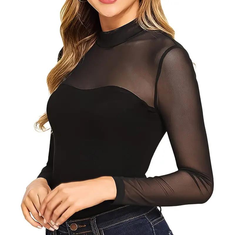 European & American Sheer Mesh Bodycon Turtleneck Bodysuit – Sexy Thin Long Sleeve Women's Base Layer