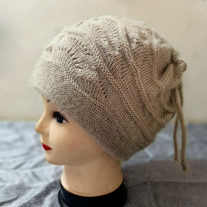 Women's Slouchy Knit Hat & Neck Warmer: Cozy Autumn/Winter Baotou Style, Large Head Fit, Face-Slimming Drawstring Design.