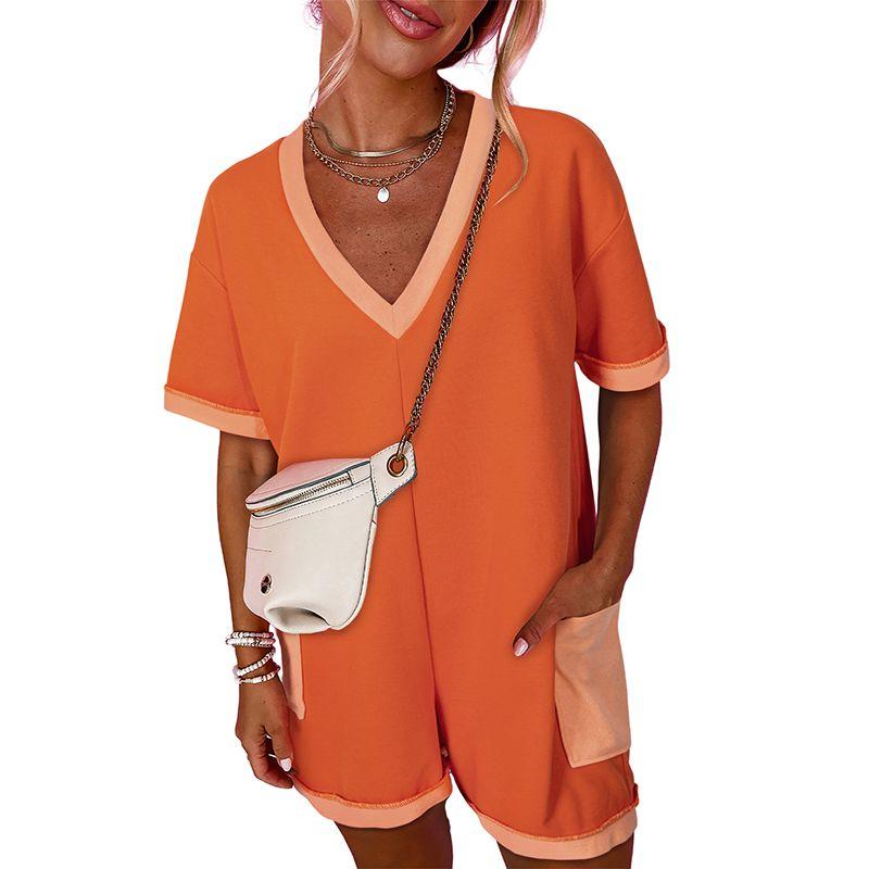 

American Shiying Summer New Arrival Color Matching Short-Sleeved Jumpsuit Women 2025 Casual Double Pocket Straight-leg Jumpsuit Orange XL code fits (70.00 kg-75.00 kg