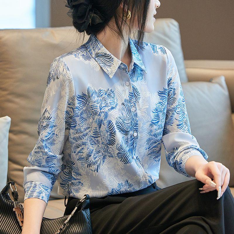 

Satin Luxury Big Brand French Style Unique Ink Printing and Dyeing Printing Lapel Shirt Women s Long-Sleeved Shirt Hu Jicai M