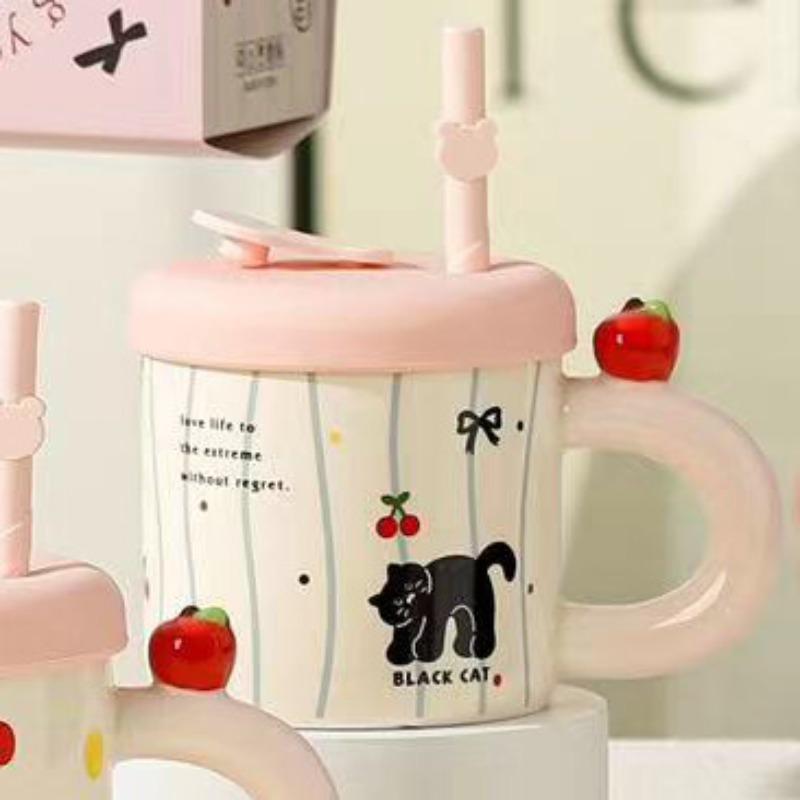 Summer Straw Cup Cute Cat Mug Water Cup with Lid Ceramic Cup Girl Couple Birthday Gift Souvenir