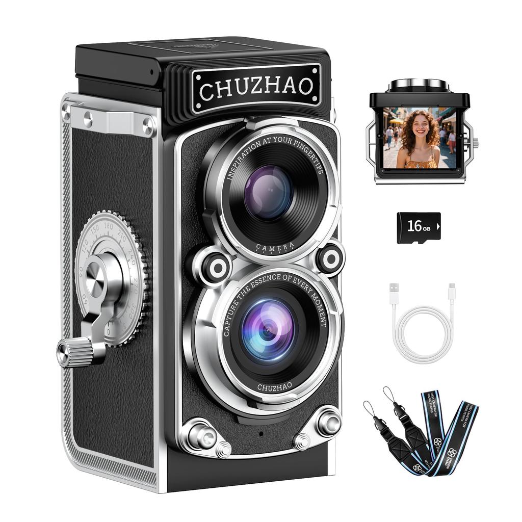 Mini Retro Digital Camera, Portable Vintage TLR Style Autofocus Point-and-Shoot Compact Travel 12MP 1080P Camera (16GB Card Included), 1000mAh,