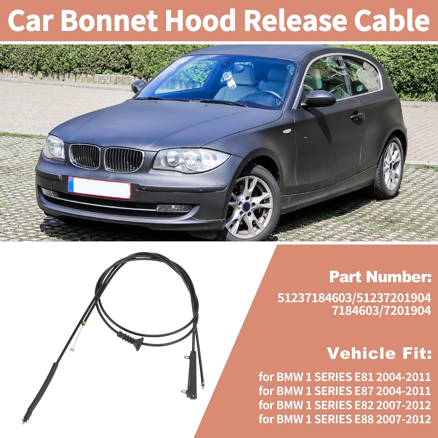 2PCS No.51237184603/51237201904 Car Bonnet Hood Lock Release Cable for BMW 1 Series E81 E82 E87 E88 116d 116i 118d 118i 120d 120i Hood Latch Wire