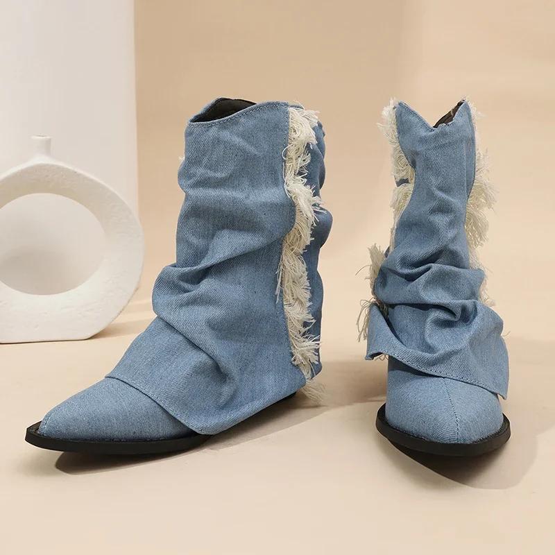 Vintage Thick Heel Women Denim Western Cowgirl Boots Fashion Slip On Shoes Autumn Winter Ladies Tassels Short Booties
