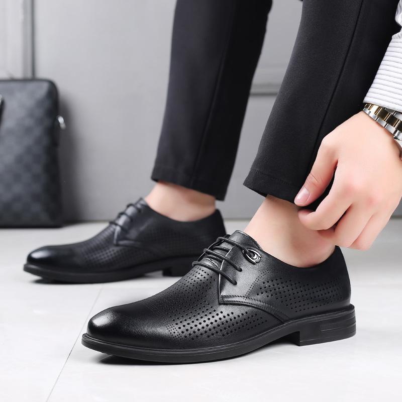 Summer New Men's Top Layer Cowhide Casual Sandals with Lace Up Holes Breathable Hollow Out Middle-aged and Elderly Dad Shoes