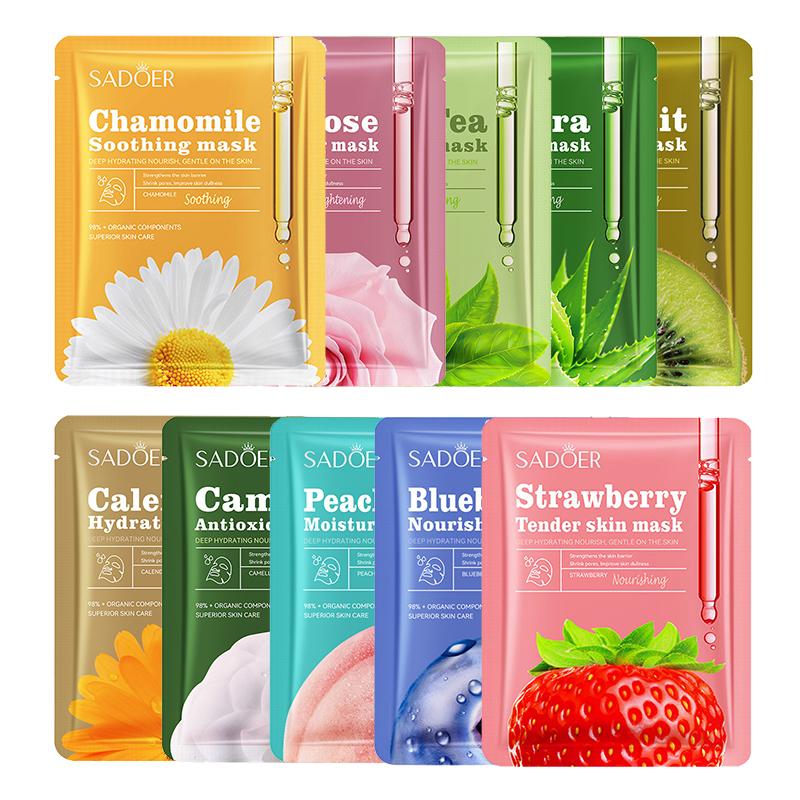 5 Stück SADOER Frucht-Blumen-Duft Gesichtsmaske Feuchtigkeitsspendend Anti-Falten Hydrierend Kamille Blaubeere Gesichtsmasken Hautpflege