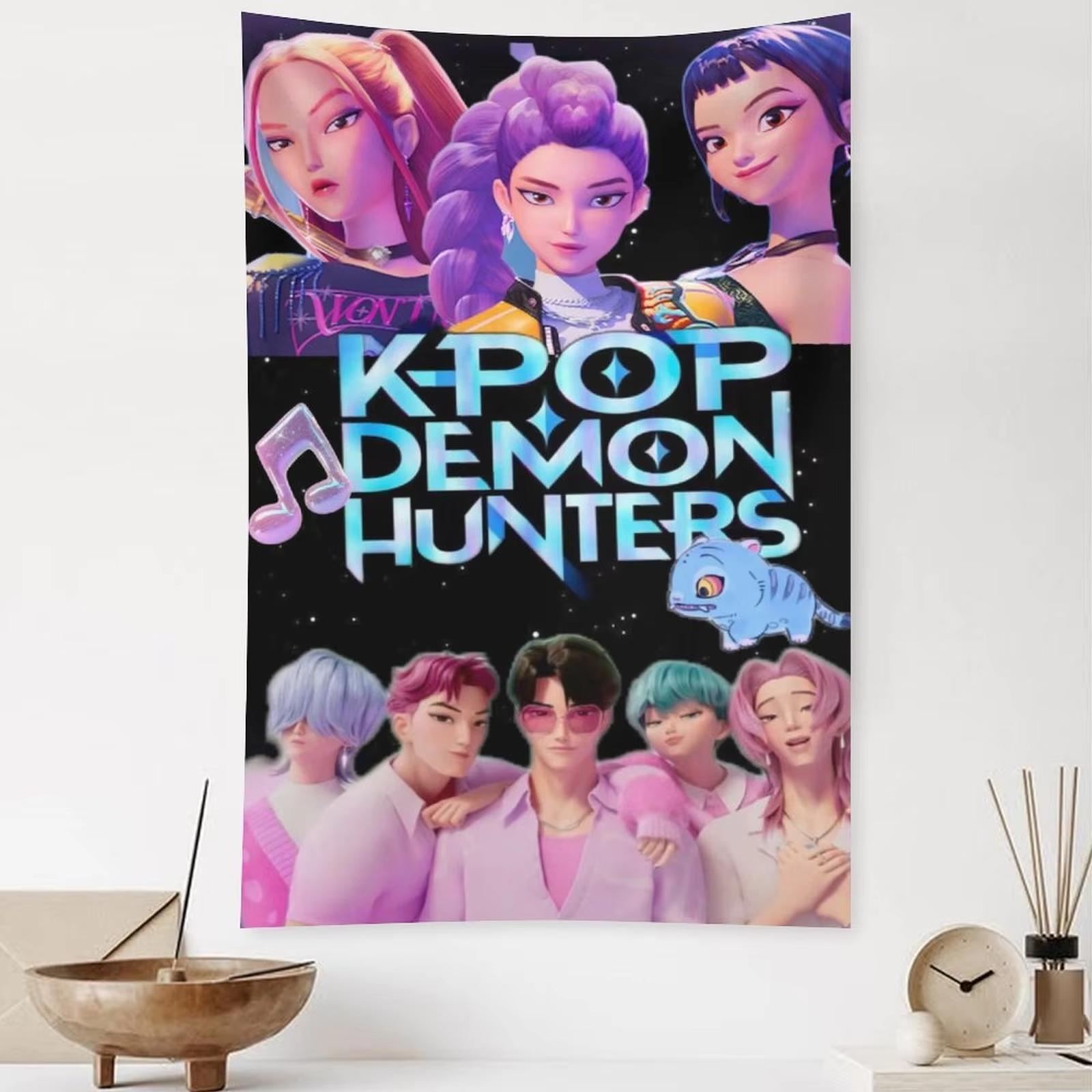 VIKAMA KPOP Devil Hunter Tapestry Starry Sky Background with Victory Emblem Anime Character Backdrop Anime Room Decor 74x94cm(29x37in)