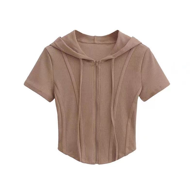 French Spice Girl Short Hooded Short Sleeve T-Shirt Women's Cardigan Summer Thin Slim Skinny Niche Women's Top