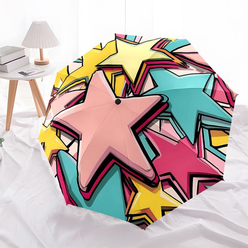 1pc Stars Celebration Automatic Folding Umbrella - Compact 8-Rib Design, Durable Plastic & Iron, Lightweight for Outdoor Daily Use293