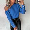 Herbst Frühling Damen Hemd One Shoulder Chain Dekor Langarm Einfarbig Knopf Dekor Slant Neck Pullover Weiche OL Commute Style Lady Bluse