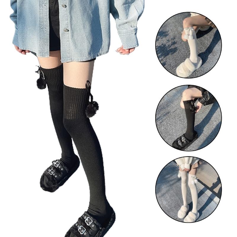 Damen kniehohe Socken Strümpfe Lolitas Schleife Schnürung Wadenstrümpfe Bommel Oberschenkelhohe Strümpfe Süß Niedlich Überknie-Socken