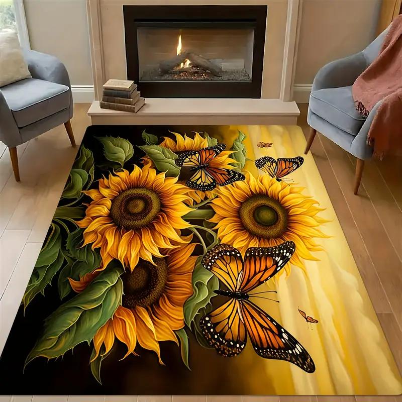 Black Background Sunflower Print Large Rug Soft Living Room Carpet Wear-resistant Floor Mat Sofa Bedroom Home Easy Clean Decor