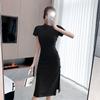 Feeling retro new Chinese style improved cheongsam women's summer black split-ended hip skirt national style fringed disc buckle dress