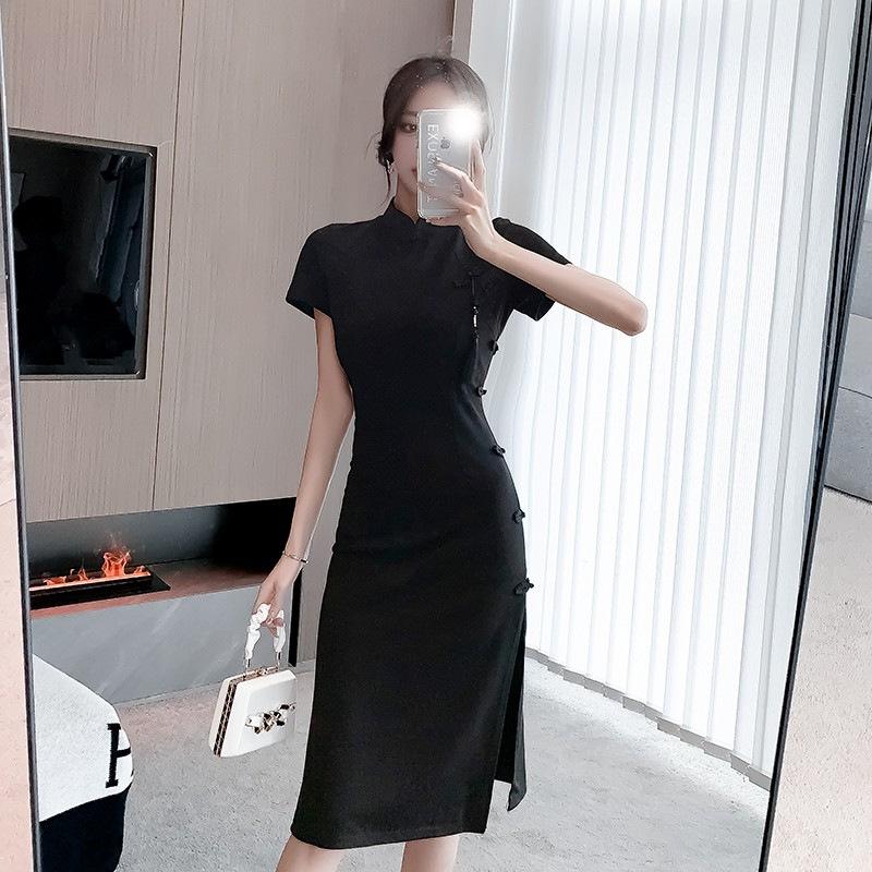 Feeling retro new Chinese style improved cheongsam women's summer black split-ended hip skirt national style fringed disc buckle dress
