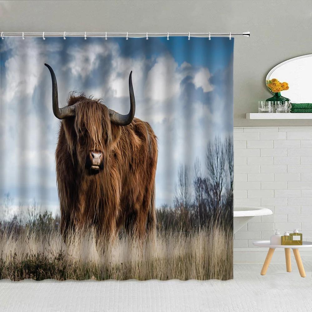 Cute Cow Bull Shower Curtain with Hooks Modern Fashion Funny Western Farm Animal Bathroom Curtain Polyester Bath Screen