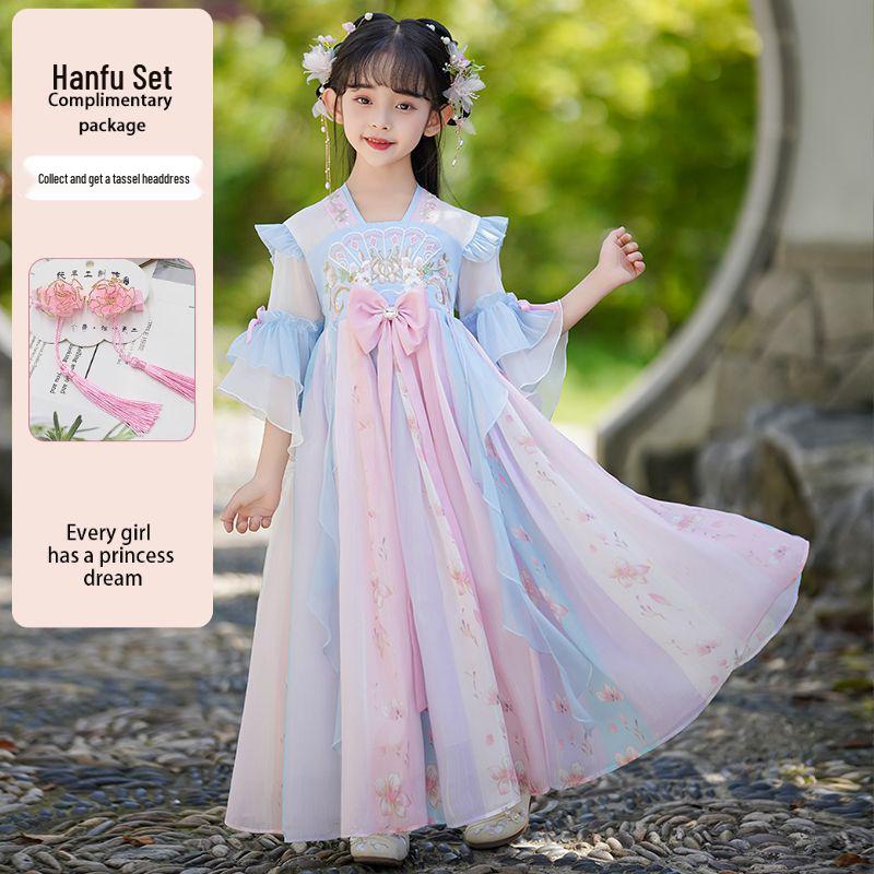 Girls Summer Hanfu Princess Dress 2026: New Ancient Style Embroidered Fairy Skirt 150 cm