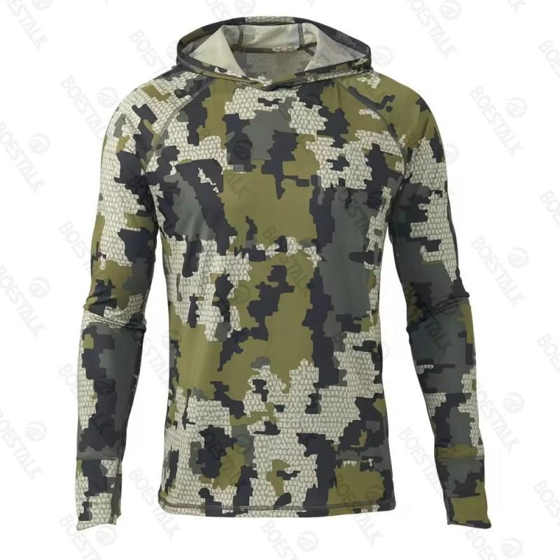 Mens Camo Hooded Fishing Outfit Quick-Dry Breathable UV Protection Outdoor Camping Hiking Sportswear