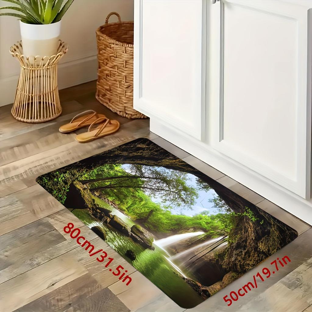 Forest Waterfall Rug for Nature Lovers - Serene Landscape Carpet, Eco-Friendly Home Decor Anti slip carpet can be machine washed
