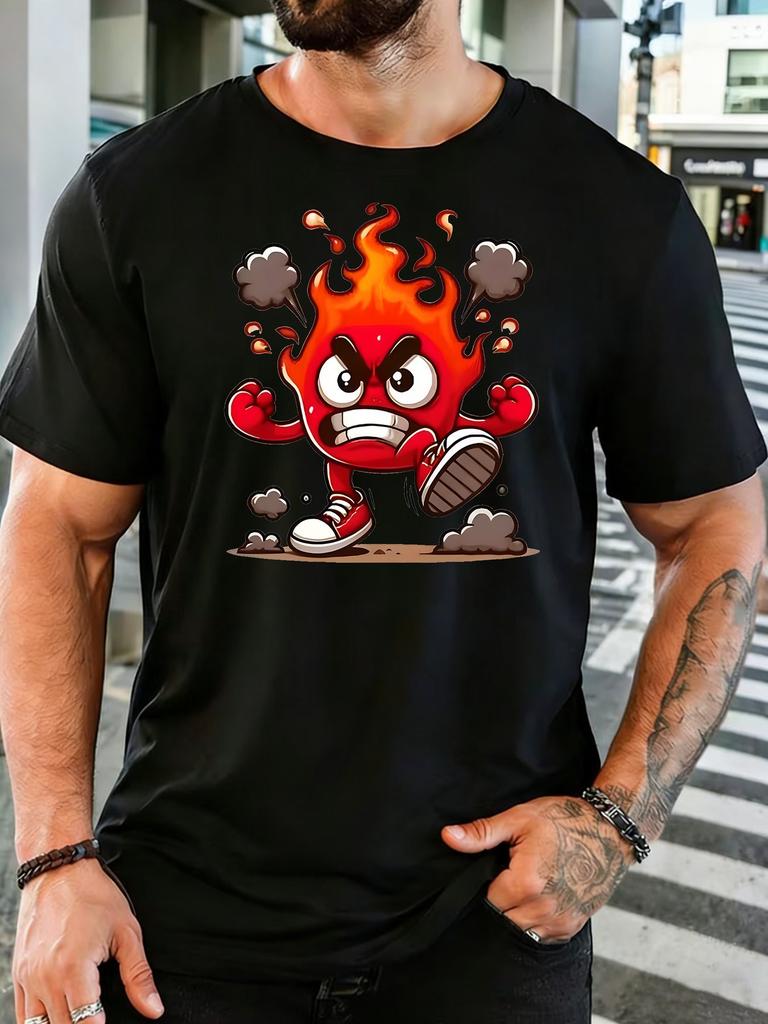 Mad Fire Cartoon Mascot Print Unisexs Soft Cotton Crew Neck Short Sleeve Tee Loose Casual Summer Outdoor Daily Street Wear For Unisex