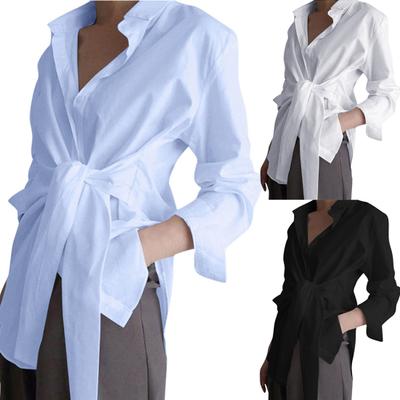 Women Fashion Turn Down Collar Waist Lacing Buttons Asymmetric Shirt Blouse
