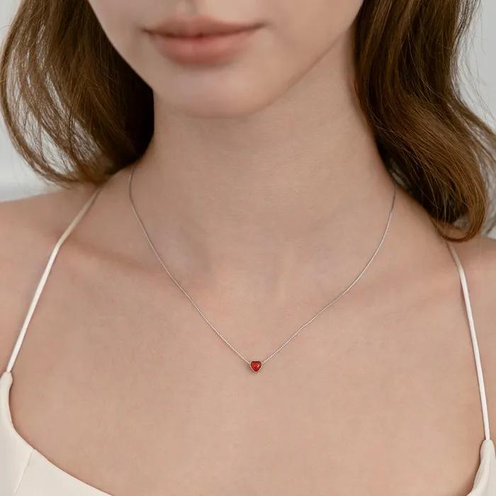 (Prata 925) Colar Pingente Coração NZ2515 Vermelho