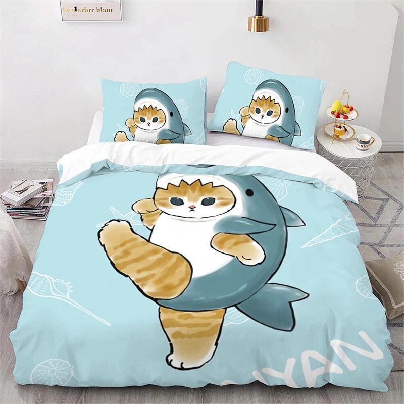Einzel Doppel Queen Size Teenager Geschenk Raumdeko Niedliches Kätzchen Bettbezug Kissenbezug Mofusand Anime Hai Katze Bettwäscheset